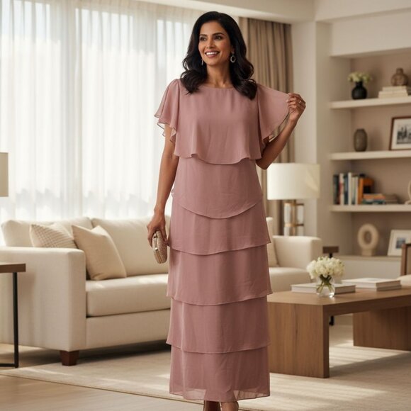 Mauve Tiered Chiffon Gown, Size 14 – Zipper Back- New with Tags - Picture 1 of 2